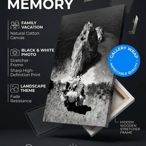 Puede incluir: Un lienzo en blanco y negro titulado ETERNAL MEMORY con una foto de paisaje de un grupo observando una gran formación rocosa. El producto incluye un bastidor de madera oculto, herrajes metálicos y protección contra rayos UV.