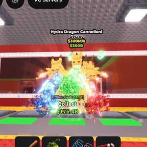 May include: A digital game interface featuring a central display of three golden dragon-like figures with glowing blue, green, and red energy effects. Text includes "Hydra Dragon Cannelloni Secret" and "Collect".