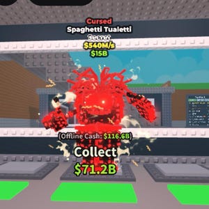 Puede incluir: Un monstruo rojo pixelado con el texto "Cursed Spaghetti Tualetti Secret" y "Collect $71.2B". La imagen también muestra "$540M/s" y "$15B". El fondo muestra un edificio y plataformas verdes.