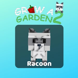 Peut inclure: Une figurine de raton laveur pixelisée et cubique, composée de segments gris, blancs et noirs. Au-dessus, le texte GROW A GARDEN 2 apparaît avec une icône de poivron rouge. Sous le raton laveur, le mot Racoon est écrit en blanc sur fond sombre.