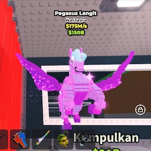 May include: A digital illustration of a pink Pegasus with purple wings and a light blue mane. The text "Pegasus Langit Rahasia" is displayed above the Pegasus, along with currency symbols and numbers. The Pegasus is made of block-like shapes.