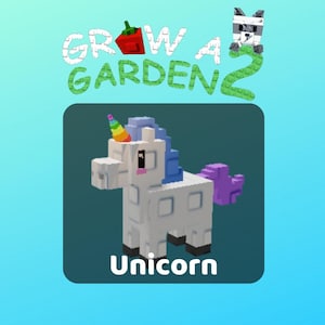 Peut inclure: Une figurine de licorne blanche pixelisée et cubique avec une corne arc-en-ciel, une crinière bleue et une queue violette. Le texte GROW A GARDEN 2 apparaît au-dessus, et le mot Unicorn est écrit en blanc sous la figurine sur fond sombre.