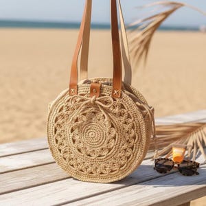 Modèle de sac bohème rond au crochet, tutoriel de sac à main en raphia (PDF)