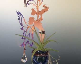 Copper Fairy Mother & Child with Hand Blown Glass Bottle and Crystal Prisms - Mother's Day Gift - Air Plant Holder, Essential Oil Deffuser