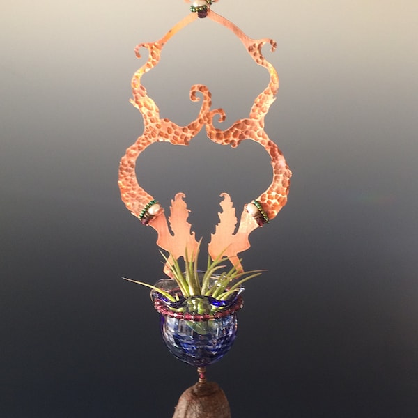 Twin Copper Mermaids with Hand Blown Glass Bottle &  Large Obsidian Wind Chimes - Air Plant Holder or Essential Oil Diffuser -  Gift for Mom