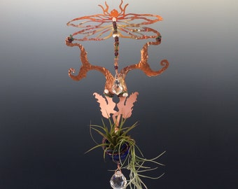 Hanging Copper Dragonfly and Mermaid Lovers with Hand Blown Glass Bottle and Crystal Rainbow Prism Sun Catcher and Air Plant Hanger