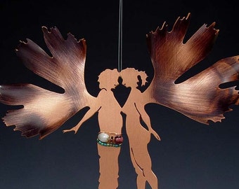 Sun Catcher Copper Gingko Couple with Magical Hanging Crystal Prism - Ornament