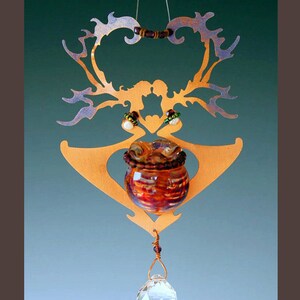 Valentine Heart Lover Copper Fairies with Crystal Rainbow Prism and Magic Potion Bottle in Your choice of bottle color: Red, Blue or Green