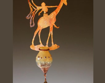 Obsidian Wind Chime with Magical Potion Bottle and Copper Fairy Riding Giraffe - Hanging Mobile