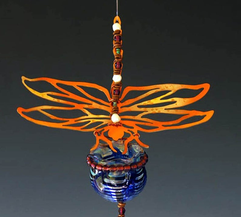 red Obsidian Wind Chime and Magical Potion Bottle with Copper Dragonfly in your choice of bottle color blue or green