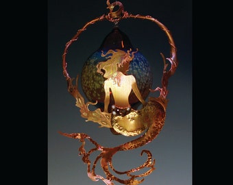 Sun Catcher with Sexy Copper Mermaid - Hand Blown Hanging Glass Ornament Mobile