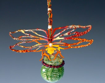 15% OFF - Holiday Ornament with Magic Potion Bottle and Copper Dragonfly In our choice of bottle color - Blue, Red or Green