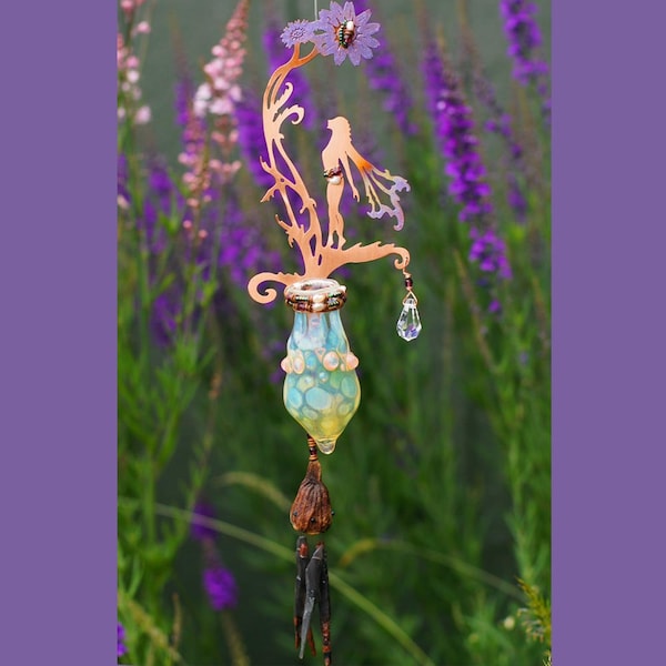 Obsidian Wind Chime with Glass Bottle and Crystal Sun Catcher - Spring Time Wild Flower Copper Fairy - Hanging Mobile