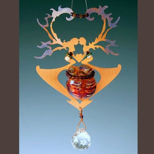 Valentine Magic Potion Bottle and Crystal Sun Catcher with Heart Lover Copper Fairies in our choice of bottle color: red, blue or green