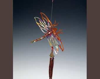Copper Dragonfly Obsidian Wind Chime Garden Art
