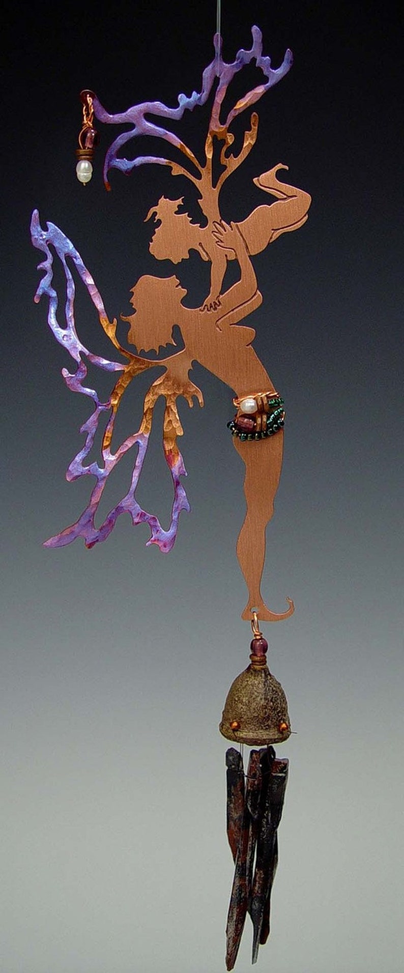 Mother & Child Copper Fairy with Obsidian Wind Chime Hanging Mobile Baby Shower Gift image 3