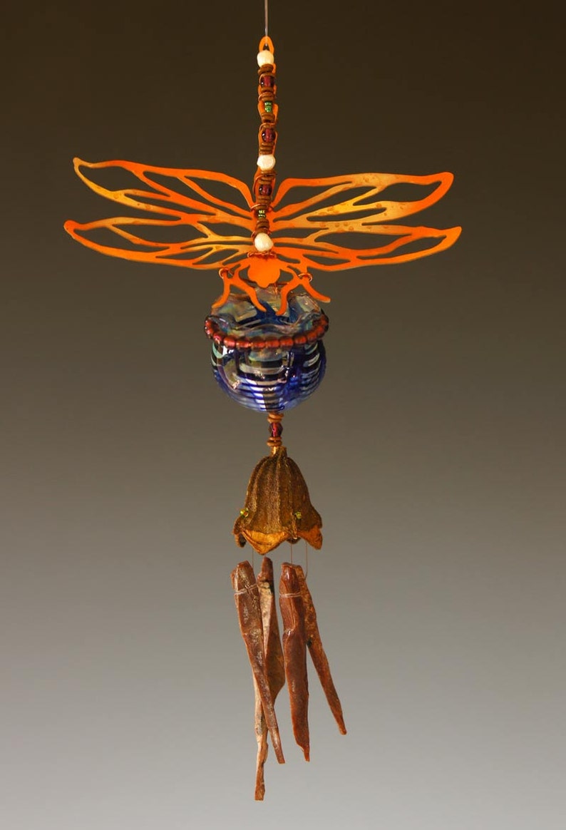 red Obsidian Wind Chime and Magical Potion Bottle with Copper Dragonfly in your choice of bottle color blue or green