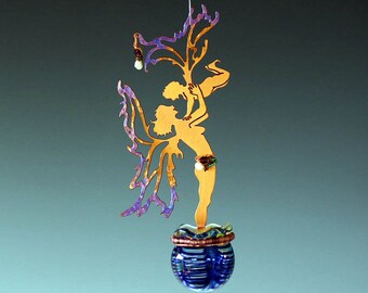 Potion Bottle - Boy Fairy - Copper Mother &  Son Sculpture with Magical Potion Bottle in your choice of Red, Blue or Green