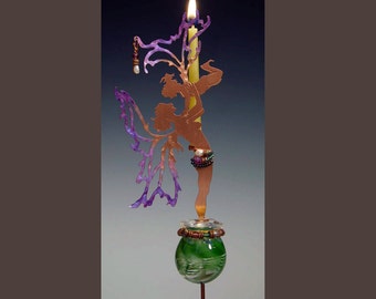 Copper Mother & Child Plant Stake Sculpture with Hand Blown Glass Potion Bottle in choice of bottle color: Red, Blue or Green