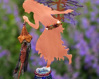 Valerian Copper Fairy Obsidian Wind Chimes with Magical Potion Bottle in Your choice of bottle color, Red, Blue or Green