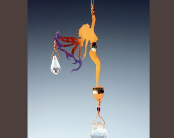 Crystal Sun Catcher with Spring Time Star Reaching Copper Fairy - Hanging Mobile