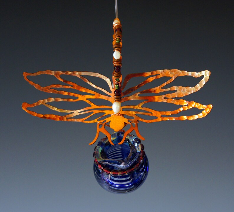 Blue Magic Potion Bottle with Copper Dragonfly in your choice of bottle color Green or Red