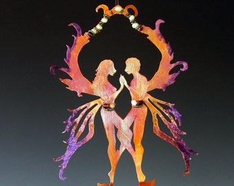 Same Sex Fairies - Valentines's Gift - Fairy Couple with Magical Potion Bottle & Obsidian Wind Chime - A Gift For Lovers
