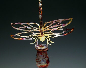 Valentine Gift - Red Magic Potion Bottle with Copper Dragonfly - Hanging Sun Catcher