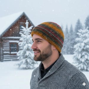 May include: A multi-colored crochet beanie in shades of yellow, green, and red. The hat is worn by a person wearing a gray sweater. The background shows a snowy landscape with a cabin and trees.