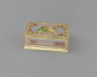 Antique Floral Glass Trinket Box with Mirrored Base