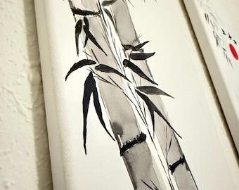 竹 — 日本の四季紙に描かれた墨絵オリジナル水墨画、禅アート、風水