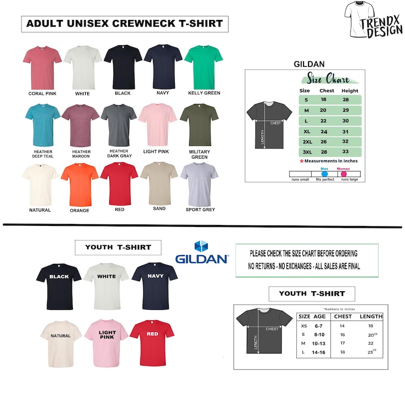 Pu&ograve; includere: Una collezione di t-shirt a girocollo Gildan unisex per adulti e giovani in vari colori a tinta unita, tra cui rosa corallo, bianco, nero, blu navy, verde e rosso. Include tabelle delle taglie con misure in pollici per torace e altezza.