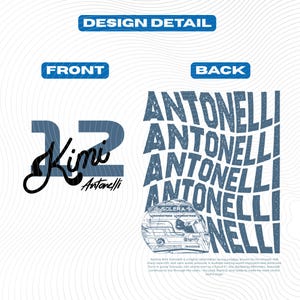 May include: A design with the name "Antonelli" in a distressed, wavy font on the back. The front shows the number "22" and the name "Kimi Antonelli" in script. A racing helmet graphic is also included. The design is in shades of blue.
