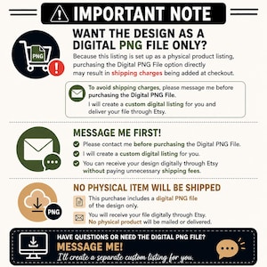Pu&ograve; includere: Un grafico informativo intitolato IMPORTANT NOTE riguardante l'acquisto di file PNG digitali. Include icone di un carrello, una busta e un simbolo di download con istruzioni per contattare il venditore per evitare spese di spedizione.