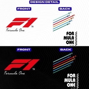 Pu&ograve; includere: Un layout di design grafico che mostra le viste anteriore e posteriore di un logo Formula One. La parte anteriore presenta il logo rosso F1 e il testo. Il retro mostra sei icone di auto da corsa colorate con linee di movimento e il testo FORMULA ONE est. 1950 con un bordo a scacchi.
