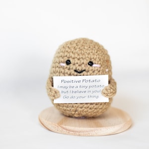 Peut inclure: Un jouet en forme de pomme de terre en crochet tenant une pancarte sur laquelle est écrit "Positive Potato I may be a tiny potato but I believe in you! Go do your thing."