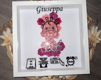 Op de afbeelding: Een ingelijst kunstwerk met een giraf gemaakt van roze en roze papieren bloemen. De naam "Giuseppa" staat boven de giraf. Hieronder staan iconen met de datum, gewicht (3,150 kg), lengte (50 cm) en tijd (1u48).