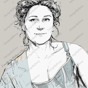 May include: Illustration of a woman in a corset with the text "I am the tea that you're having." The artwork is in shades of gray, blue, and beige, with a vintage aesthetic. The background is a solid light gray.