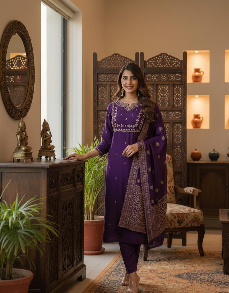 May include: A woman wearing a purple embroidered salwar kameez, a traditional South Asian outfit. The ensemble includes a long tunic, matching pants, and a shawl with intricate gold patterns. The outfit is made of a soft fabric and is suitable for festive occasions.