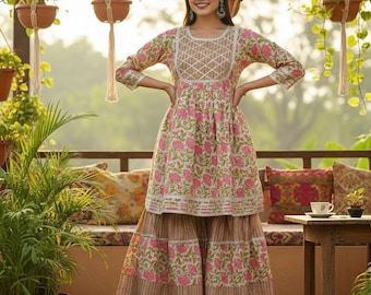 Pink Floral Kurti Sharara Set
