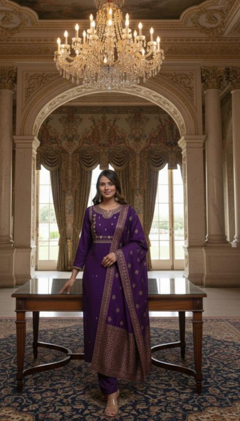 May include: A woman in a purple salwar kameez with gold embroidery and a matching dupatta stands near a table. The outfit features intricate gold patterns. The background includes a chandelier, ornate architecture, and a patterned rug.