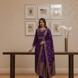 May include: A woman wearing a purple salwar kameez with gold embroidery and a matching dupatta. The outfit features intricate patterns and is paired with matching pants. The background includes framed artwork and a wooden table, creating an elegant setting.
