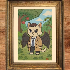 May include: Cross-stitch art print of a cat character with angel wings, wearing a trench coat and tie, set in a pixelated forest scene. The framed artwork includes the text "Instant Download PDF".