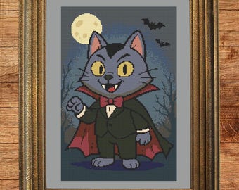 Vampire Cat Cross Stitch Pattern | PDF Instant Download | Halloween Cat Embroidery | Gothic Cross Stitch Design by CatsAndXStitch