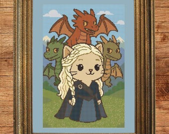 Dragon Queen Cat Cross Stitch Pattern | PDF Instant Download | Fantasy Cross Stitch Design by CatsAndXStitch