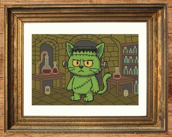 Monster Cat Cross Stitch Pattern | PDF Instant Download | Halloween Cat Embroidery | Spooky Cross Stitch by CatsAndXStitch