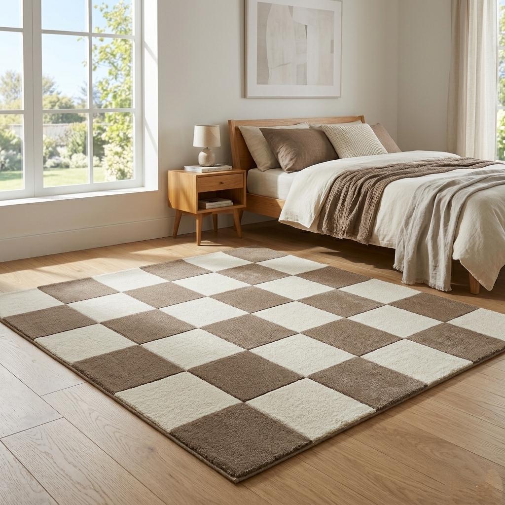 Hand Tufted NZ Wool Checkerboard Rug, Brown Cream Scandinavian Carpet ...