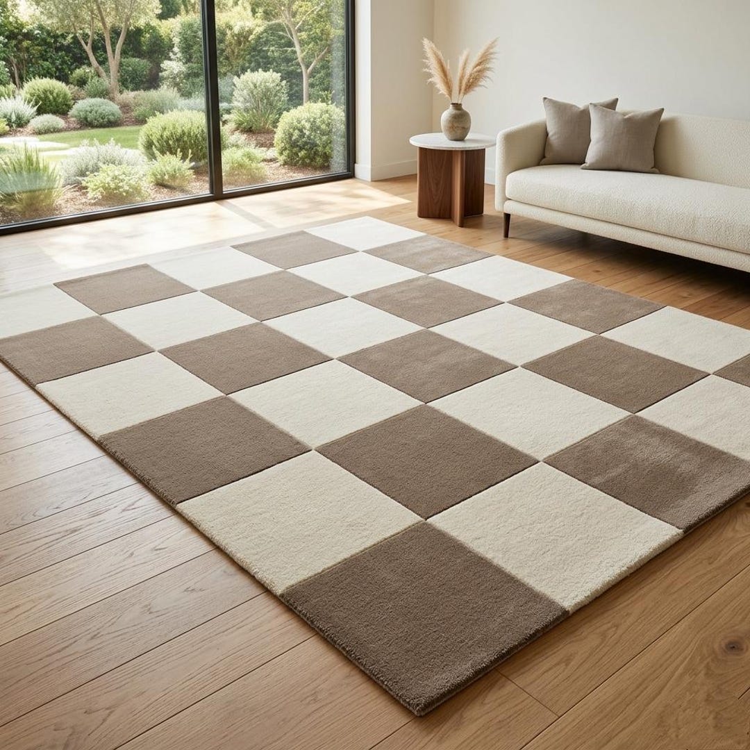 Squear Check Rug Hand Tufted NZ Wool Checkerboard Rug, Brown Cream Scandinavian Carpet ...