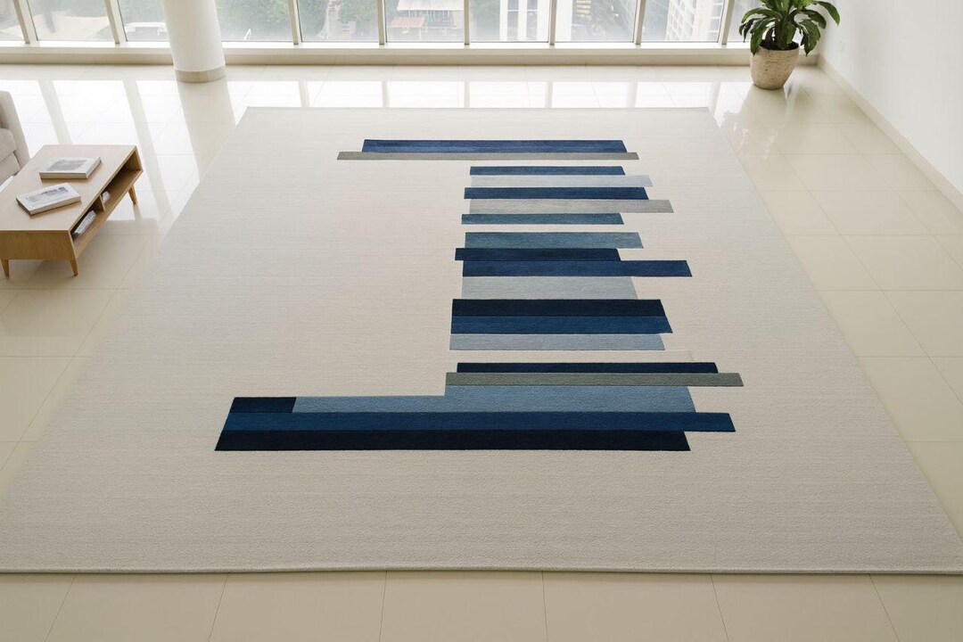 Modern Abstract Blue & Cream Hand Tufted Rug | 100% New Zealand Wool ...