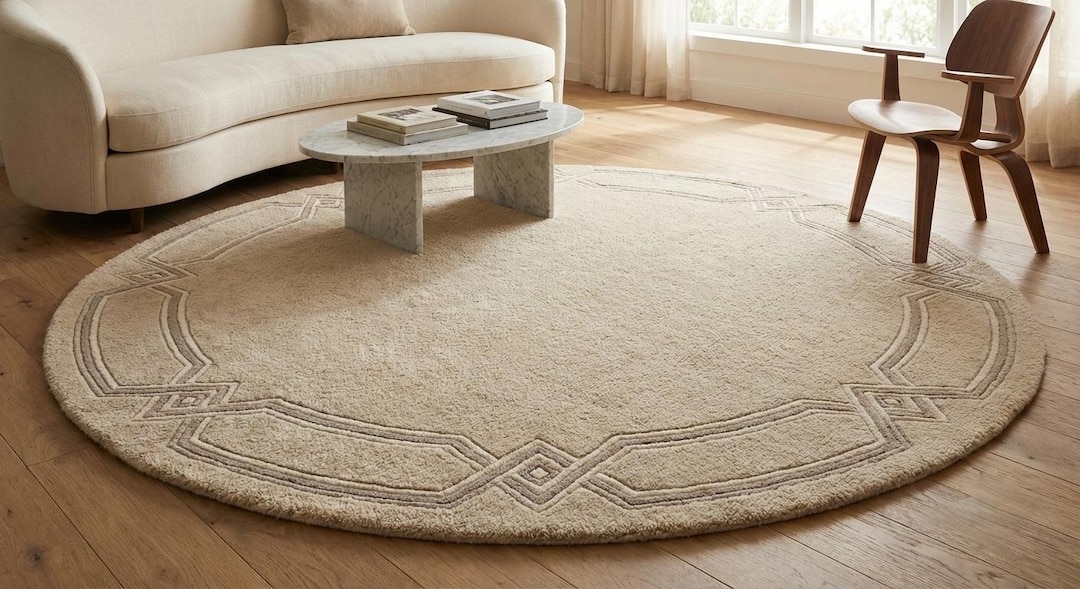 Hand Tufted Round Beige Area Rug, Minimalist Carved Border Carpet - Etsy